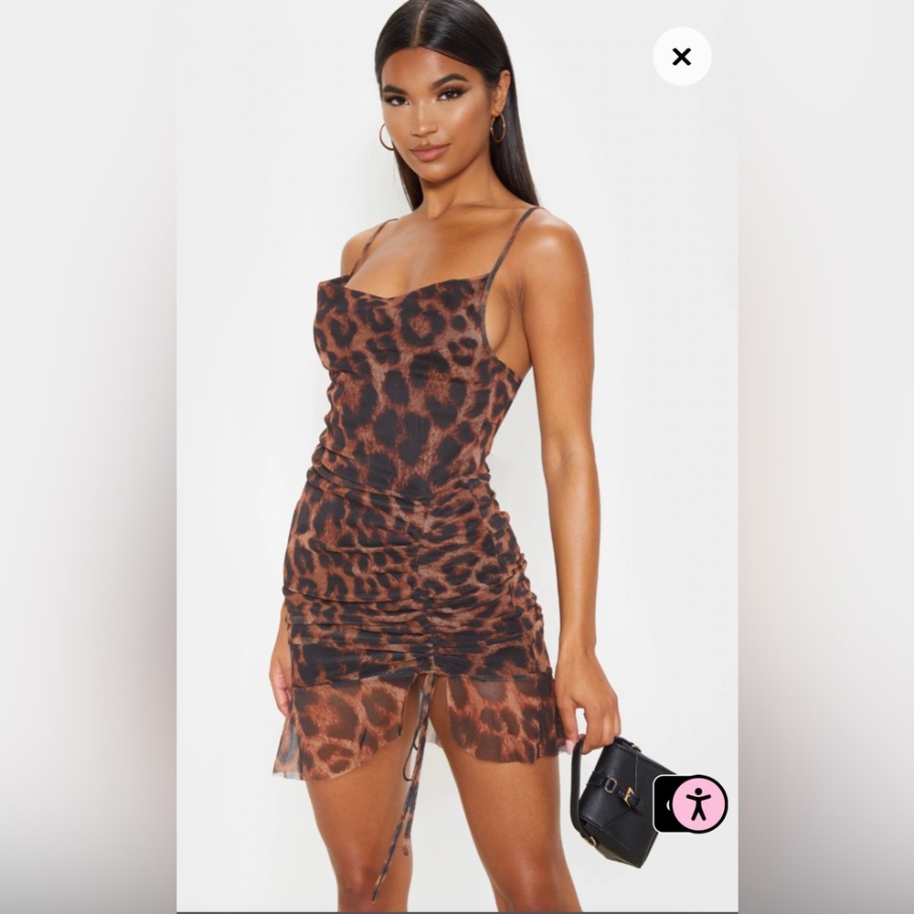 Brown Mesh Leopard Print Ruched Bodycon Dress